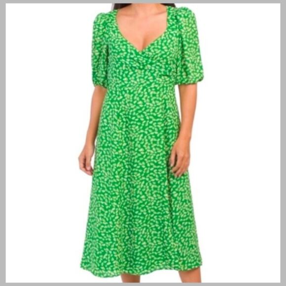 WAYF Floral Daisy Green Faux Wrap Midi Dress L - Picture 1 of 16